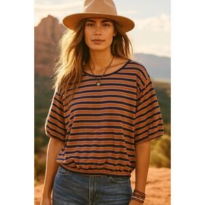 Pact Organic Cotton Striped Top XL Orange Navy Cropped Retro Sustainable T-Shirt